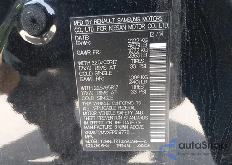 2015 Nissan Rogue Sv z USA, uszkodzony, nr VIN KNMAT2MVXFP519778